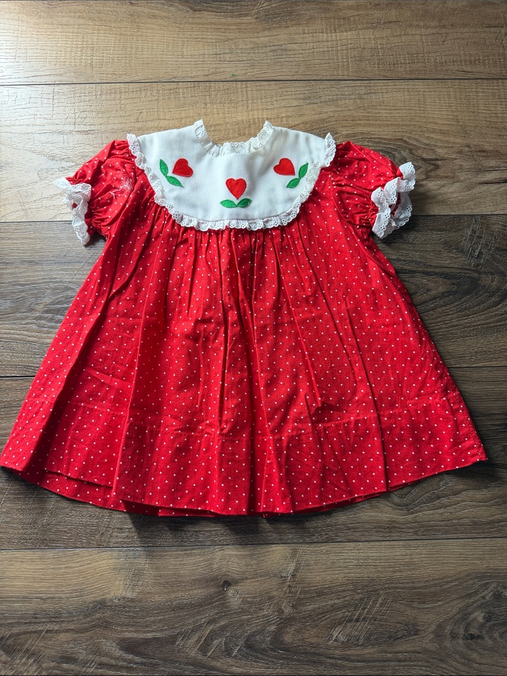 Vintage red Polka Dot Girls' Dress with Embroidered White Yoke